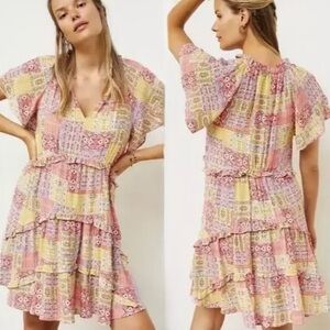 Anthropologie Robin Patchwork Floral Tiered Ruffle Babydoll Swing‎ Mini Dress L